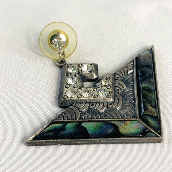 Vintage 80’s Richard NURI Pewter Earrings w/ Abalone Inlay Art Deco Style - Picture 5 of 7